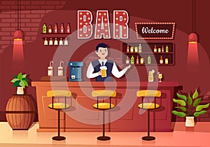 Bar or Pub at Evening with Alcohol Drinks Bottles, Bartender, Table, Interior and Chairs in Indoor Room in Illustration