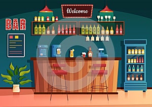 Bar or Pub at Evening with Alcohol Drinks Bottles, Bartender, Table, Interior and Chairs in Indoor Room in Illustration