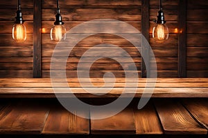 Bar or pub with rustic, empty wooden table background.