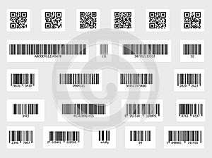 Bar and qr codes on white stickers set.