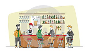 Bar Recreation Concept. People Visiting Pub, Couple Sit at High Chairs Drinking Alcohol on Counter Desk