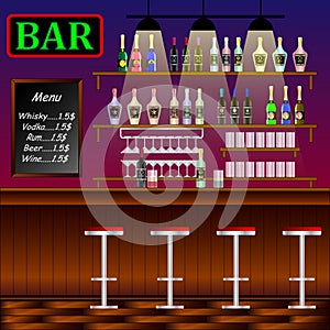 Bar, Restaurant with counter. Banner of interior with bar counter, pub chairs and shelves with alcohol.