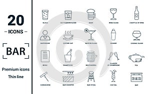 Bar - Restorant icon set. Include creative elements glass, beer, bartender, shaker, menu icons. Can be used for report,