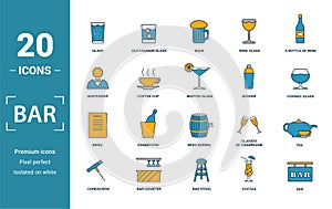 Bar - Restorant icon set. Include creative elements glass, beer, bartender, shaker, menu icons. Can be used for report,