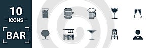 Bar - Restorant icon set. Include creative elements glass, beer, bartender, shaker, menu icons. Can be used for report,