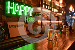 Bar Scene: Green Neon Happy Hour Sign.