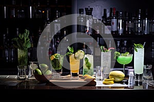 bar scene with variety of mojito cocktails and garnishes