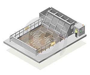 bar Screening factory wastewater treatment process diagram system vector illustrations isometric