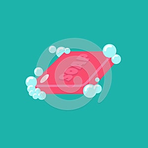 Bar of soap with foam Bubbles isolated Flat Vector illustration. depicting Hygiene concept