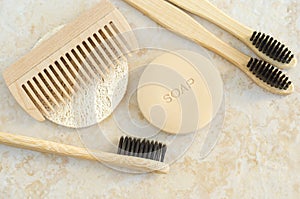 Bar of soap solid shampoo, bamboo toothbrushes, wooden hairbrush beard comb. Eco friendly toiletries set. Natural beauty