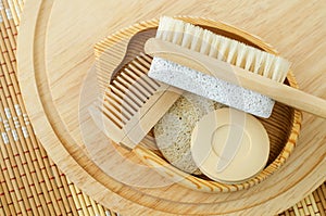 Bar of soap solid shampoo, wooden hair brush and foot brush with pumice stone. Eco friendly toiletries set. Natural beauty