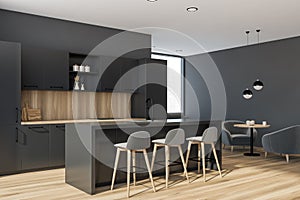 Bar with stools in grey and wooden kitchen corner