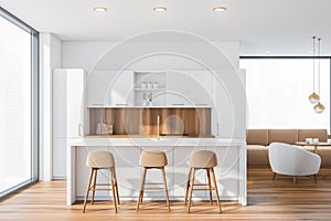 Bar with stools in white and wooden kitchen interior