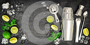 Bar tools. Ingredients mojito lime, mint leaves, ice