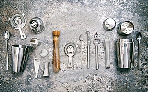 Bar tools making cocktail Shaker jigger Food beverages vintage