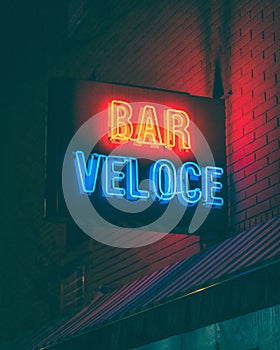 Bar Veloce neon sign at night, in the West Village, Manhattan, New York City photo