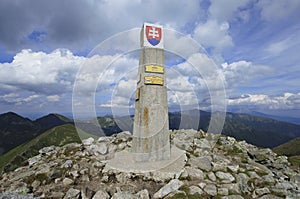 Baranec, Western Tatras, Slovakia. Stone obelisk on the top of mountain.