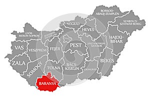 Baranya red highlighted in map of Hungary