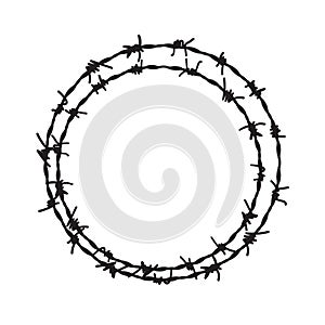 Barb wire circle vector fence frame. Barbed round wire ring prison logo