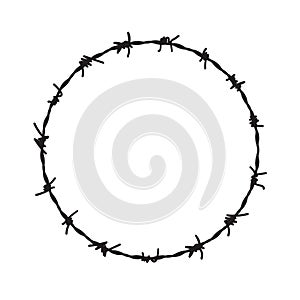 Barb wire circle vector fence frame. Barbed round wire ring prison logo