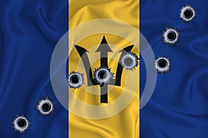 Barbados flag Close-up shot on waving background texture with bullet holes. The concept of design solutions. 3d rendering