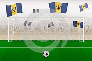 Barbados football team fans with flags of Barbados cheering on stadium, penalty kick concept in a soccer match