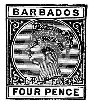 Barbados Four Pence Stamp in 1892, vintage illustration