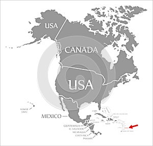 Barbados red highlighted in map of North America