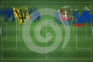 Barbados vs slovensko fotbalový zápas, národní barvy, státní vlajky, fotbalové hřiště, fotbalový zápas, kopírování vesmíru