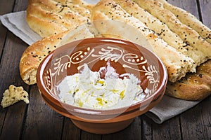 Barbari or Persian bread and strained yogurt photo