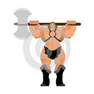 Barbarian with Ax. Strong Warrior with weapons Big blade. berserk Brutal man. Strong Powerful Medieval Mercenary Soldier. Vector