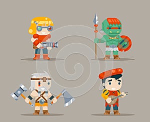 Barbarian berseker bard tribal orc engeneer inventor rifleman fantasy RPG game characters icons set vector illustration photo