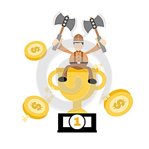 barbarian viking and champion trophy cartoon doodle business flat design vector illustration