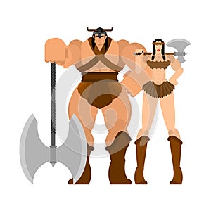 Barbarian warrior couple woman and man. berserk Family Strong. trong Powerful Medieval Mercenary Soldier lady and male