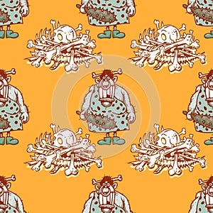 Barbaric ancient woman and skeleton bones seamless pattern