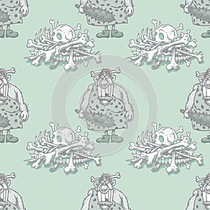 Barbaric ancient woman and skeleton bones seamless pattern