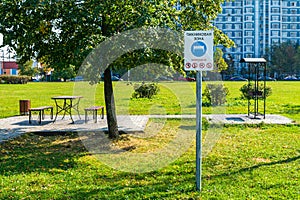 Barbecue Area sign. The iscriptions are `Barbecue Area` and `Forbidden`