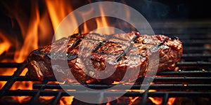 Barbecue Beef Steak Cooking on a Flaming Grill. Grilled Steak with Char Mark on Open Flame. Delicious Grilled Meat