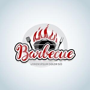 Barbecue brush logo with bbq logotype and fire concept in combination with spatula. Barbecue party logo, party invitation template