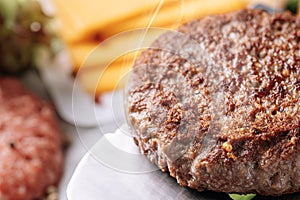 Barbecue burger cutlet. barbeque concept in nature. barbecue spatula with a burger patty on it