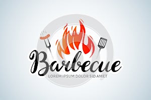 Barbecue calligraphy brush logo with bbq logotype and fire concept in combination with spatula. Barbecue party logo