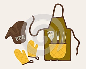 Barbecue chef set. Gloves, cap and apron with pocket. Barbecue cookware in a pocket. Vector isolated illustration