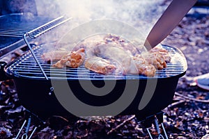 Barbecue chicken wings grilling fire,  bbq wing