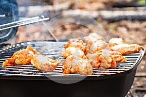 Barbecue chicken wings grilling fire,  party