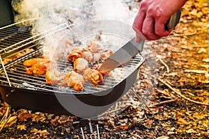 Barbecue chicken wings grilling fire,  roast camping