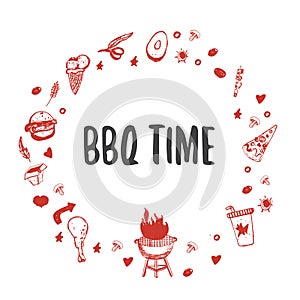 Barbecue Circled Template for your party with grunge icons and frame. BBQ vintage grill background.