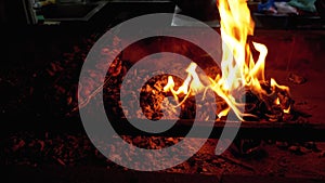 Barbecue is Cooked by the Fire on the Grill in a Restaurant. Red Flames in the Coals