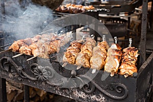 Barbecue with delicious grilled meat on grill. Beef kababs over charcoal