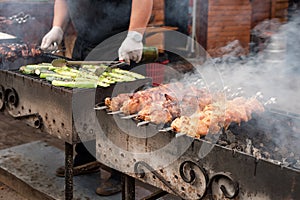 Barbecue with delicious grilled meat on grill. Beef kababs over charcoal