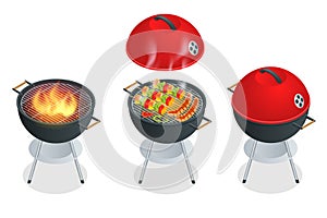 Barbecue design elements and barbecue grill summer food. Flat 3d vector isometric illustration.